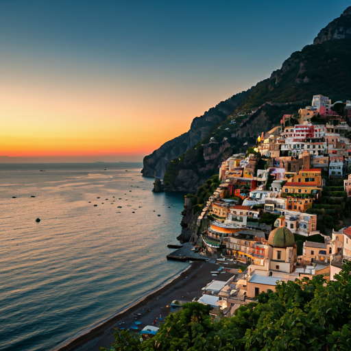A sweeping cinematic landscape of the Amalfi Coast at dusk